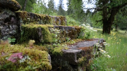 Moss covered steps lead into a forested area during daylight hours with green plants and flowers surrounding the stones