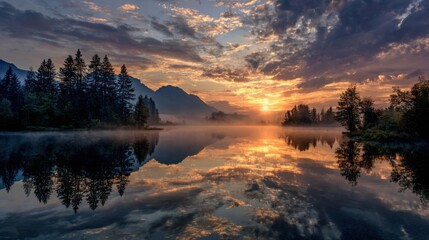 Sunrise over lake with mountains and trees in the background reflecting on calm water