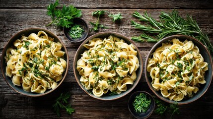 Three bowls of pasta with herbs placed on a wooden table during a daytime meal preparation