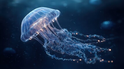 Jellyfish swimming in deep water with glowing tentacles under blue light during ocean exploration
