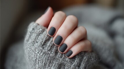 Close-up of a person's hand resting on a gray knitted sweater. the hand is positioned in a way that the fingers are slightly curled and the nails are painted with a dark grey polish.
