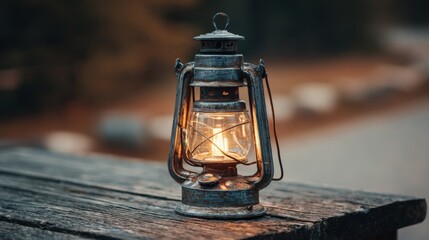 Old lantern on a wooden table in a forest during evening time with warm light shining
