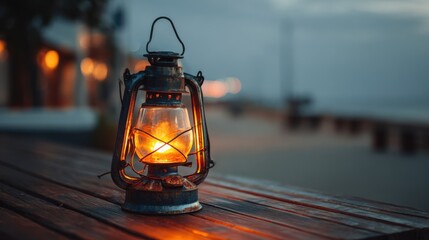 Lantern emitting light on a wooden table near the beach at dusk with blurred lights in the background