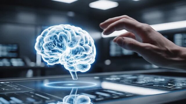 Futuristic Brain Interface - Hand Interacting with Holographic Human Brain in a High-Tech Lab.