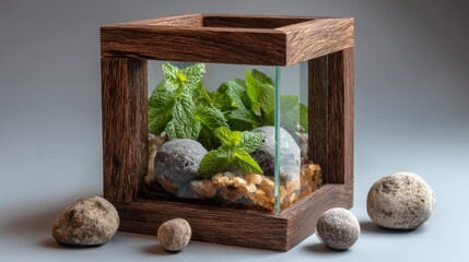 Display features mint plants in a glass container with stones placed on a surface