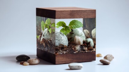 Container holds rocks and plants arranged neatly in a cube with clear sides on a light background with small stones nearby