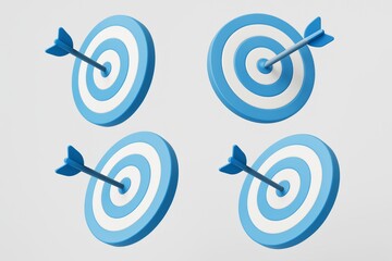 Four blue dartboards with arrows perfectly hitting the bullseye in a minimal 3D style on white background representing accuracy and success concept. Ai generative