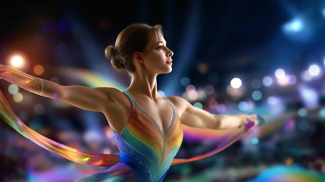 Photorealistic rhythmic gymnast, spinning mid-routine colorful, ribbon spotlighted arena, summer sport elegance, movement focus elite, rhythmic gymnastics performance, artistic exc
