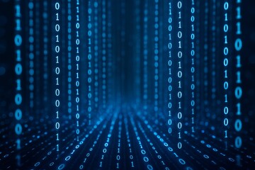 Blue binary code streams flowing in a digital tunnel perspective with glowing 0s and 1s on a dark background representing data transfer and cyberspace. Ai generative