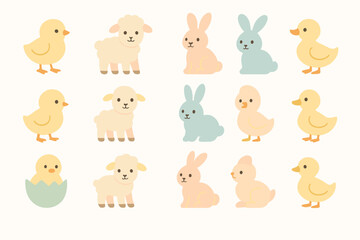 Fototapeta premium Cute illustrations of young animals: chicks, lambs, bunnies, and ducklings in pastel colors.