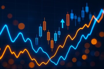 Financial chart with glowing candlesticks and trend lines on dark background illustrating market analysis and data growth concept digitally created. Ai generative
