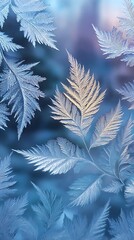 Frosty fern leaves on glass with delicate ice patterns and a soft winter background
