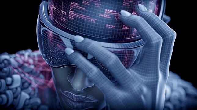 humanoid robot exploring a virtual world, futuristic android with vr headset in digital space, cybernetic figure immersed in virtual reality