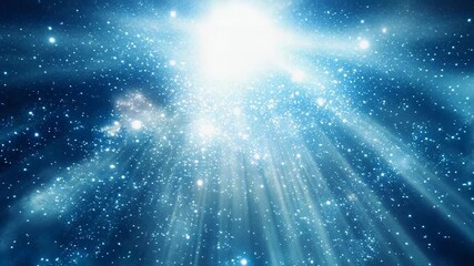 Blue cosmic light rays bursting through starry sky