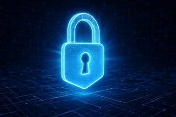 Glowing blue digital padlock symbolizing cybersecurity and data protection on a dark futuristic background in high-tech style concept illustration. Ai generative