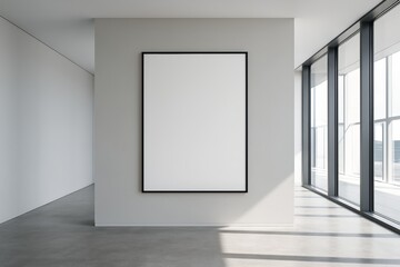 Obraz premium Blank vertical frame on wall in modern bright gallery space with large windows and minimalist interior design illuminated by natural daylight. Ai generative