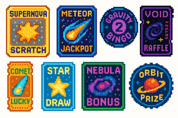 Retro space-themed arcade game pixel art collection
