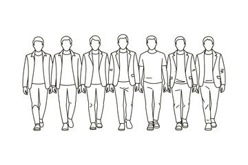 Line Art of Men Walking in Casual and Business Attire Icon Set. Perfect for Professional, Fashion, and Business Vector Illustrations on White Background. Editable Stroke.