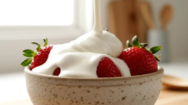 Creamy yogurt being poured over a bowl of fresh, ripe strawberries creating a delicious dessert.