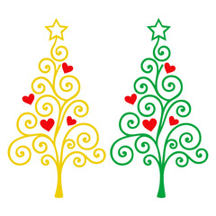 Logo con árbol de navidad con florituras, corazones y estrella para tarjetas y felicitaciones de Navidad  © teracreonte