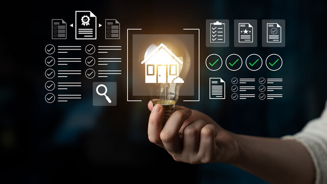 A hand holding a light bulb symbolizes innovative smart home technology. The image features digital interfaces, checklists, and data analysis tools to emphasize real estate solutions. Gantry - Powered by Adobe