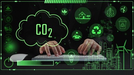 This stock image captures the essence of green energy innovations, showcasing CO2 reduction strategies within a digital interface for a sustainable future. Cipher
