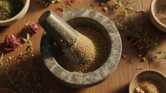 Grinding spices in a mortar with pestle, natural herbs and dried flowers, wooden table setting