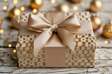 Beautifully Wrapped Gift Box with Gold Ribbon and Ornaments on Wooden Table