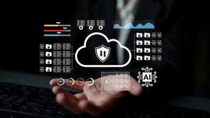 A concept image showcasing cloud computing and data security, featuring a hand reaching out toward a digital interface representing artificial intelligence and data analysis. Gantry