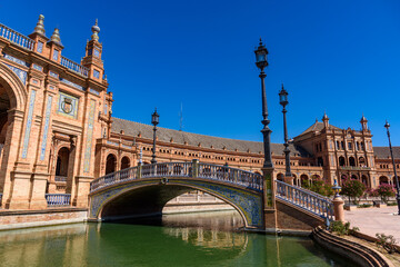Sevilla, Spain - August 01, 2024: The famous Plaza de España, a plaza in the Parque de María Luisa in Seville built in 1928 in a mix of architectural elements.