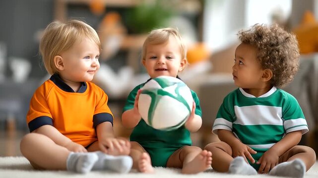 Three diverse toddlers, matching rugby uniforms, playing rugby ball, indoors representation childhood, sports diversity teamwork, early athletic development, display infant coordin