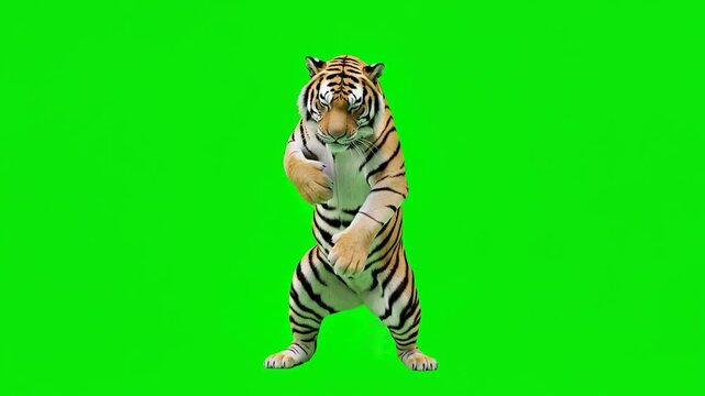 bengal tiger dancing on a green screen background for vfx projects video