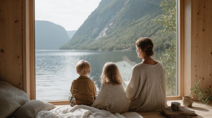 Fototapeta premium Mother and two young children sitting on a wooden floor in front of a large window, looking out at a beautiful view of a lake and mountains.