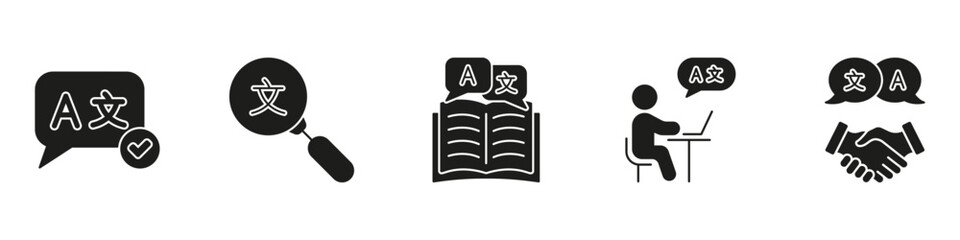Language and Communication Silhouette Icon Set. Includes Translation, Online Learning, Search, Conversation, and Agreement Outline Symbols. Isolated Vector Illustration