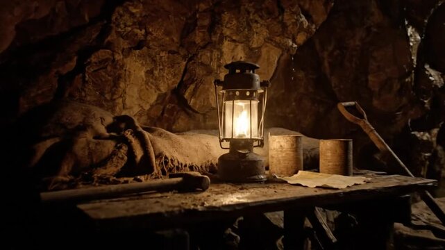 Mysterious dimly lit abandoned cave interior with light from a hole in the ceiling, a lantern, and mining tools