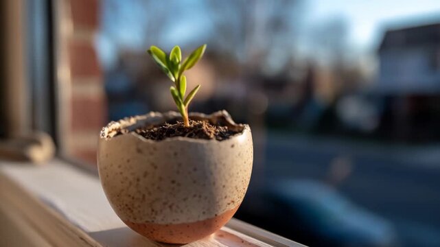 Small green plant seedling growing in eggshell pot on sunlit windowsill indoor environment