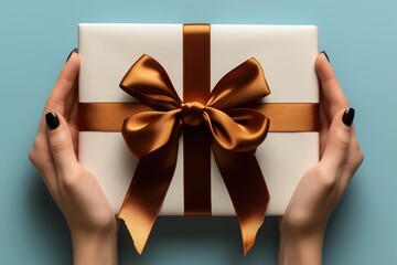 Person holding a beautifully wrapped gift box with a golden ribbon and bow.