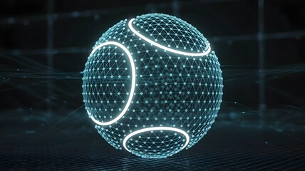 Tennis ball as a luminous network of interconnected cyan data nodes – Great for digital sport, cybersecurity, or networking concepts.