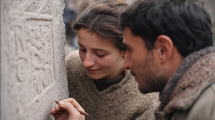 Young couple, a man and a woman, standing close together and looking at a stone carving on a wall.