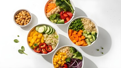 Healthy Buddha Bowls with Fresh Ingredients Overhead View.