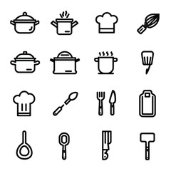 Simple Food and Kitchen Line Icons for Recipes and Restaurant Templates