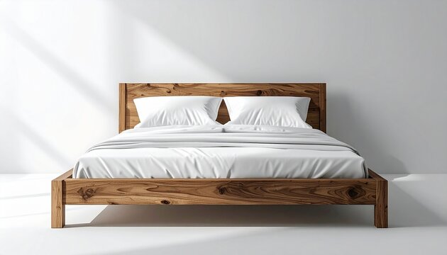 白背景のモダンな木製ベッド（白い寝具）