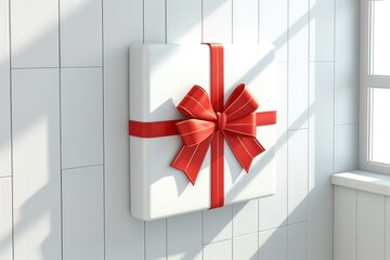 White gift box with red ribbon and bow on wall near window
