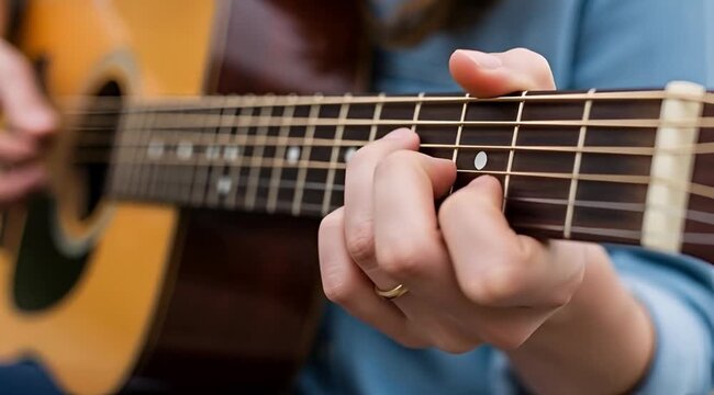 Hands playing acoustic guitar chords close up