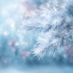 Fototapeta premium A serene winter scene featuring frosty blue pine branches against a soft, blurred background with sparkling snowflakes.