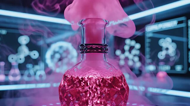 Mysterious pink potion bubbling in a laboratory flask with smoke.
