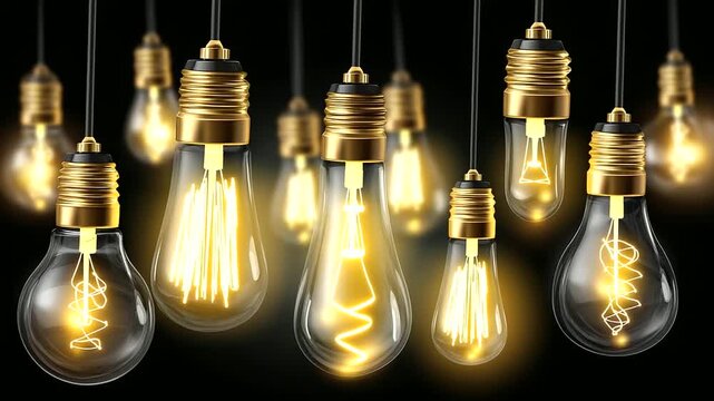 Vintage light bulbs set isolated on transparent background, vector realistic illustration of different shape glass lamps with filament inside hanging on black wire, warm LED light