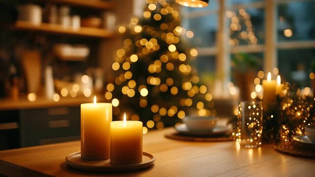 Warm candlelight illuminates, festive Christmas table, setting cozy Scandinavian, kitchen interior magical, holiday atmosphere decorated, tree background seasonal, dining scene dis