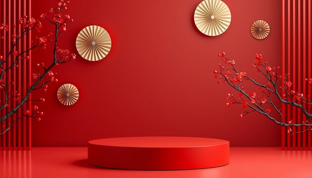 Chinese New Year red product display podium with golden paper fans and plum blossoms background.