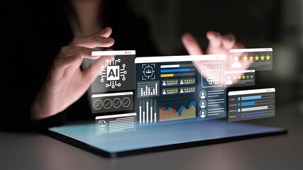 A conceptual image representing a futuristic digital interface showing data analytics and artificial intelligence, illustrating modern business innovation and technology. Gantry
